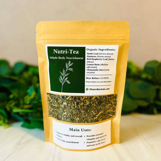 Nutri-Tea package with green herbs on a neutral background