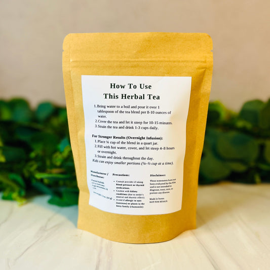Herbal tea package with usage instructions on a neutral background